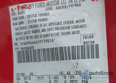 2001 Ford Mustang z USA, uszkodzony, nr VIN 1FAFP44461F179014